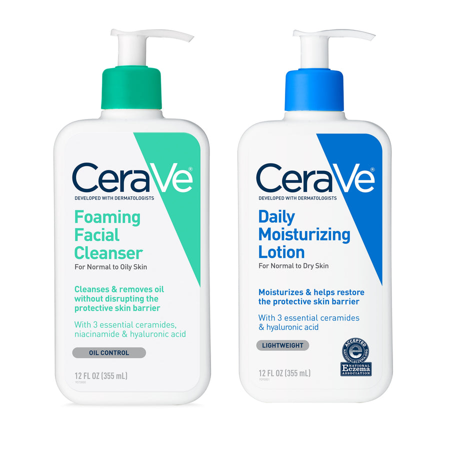 CeraVe Daily Skincare Essentials Duo for Balanced to Oily Skin (2-Piece Set) | Foaming Facial Cleanser + Daily Moisturizing Lotion