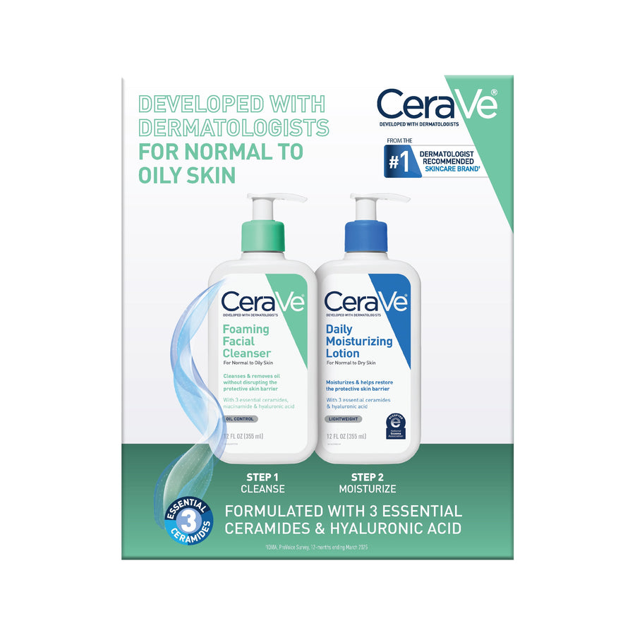 CeraVe Daily Skincare Essentials Duo for Balanced to Oily Skin (2-Piece Set) | Foaming Facial Cleanser + Daily Moisturizing Lotion